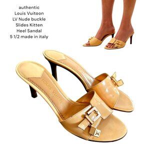 authentic LOUIS VUITTON Nude Beige LV Charm Logo Buckle Kitten Sandals Heels 5.5